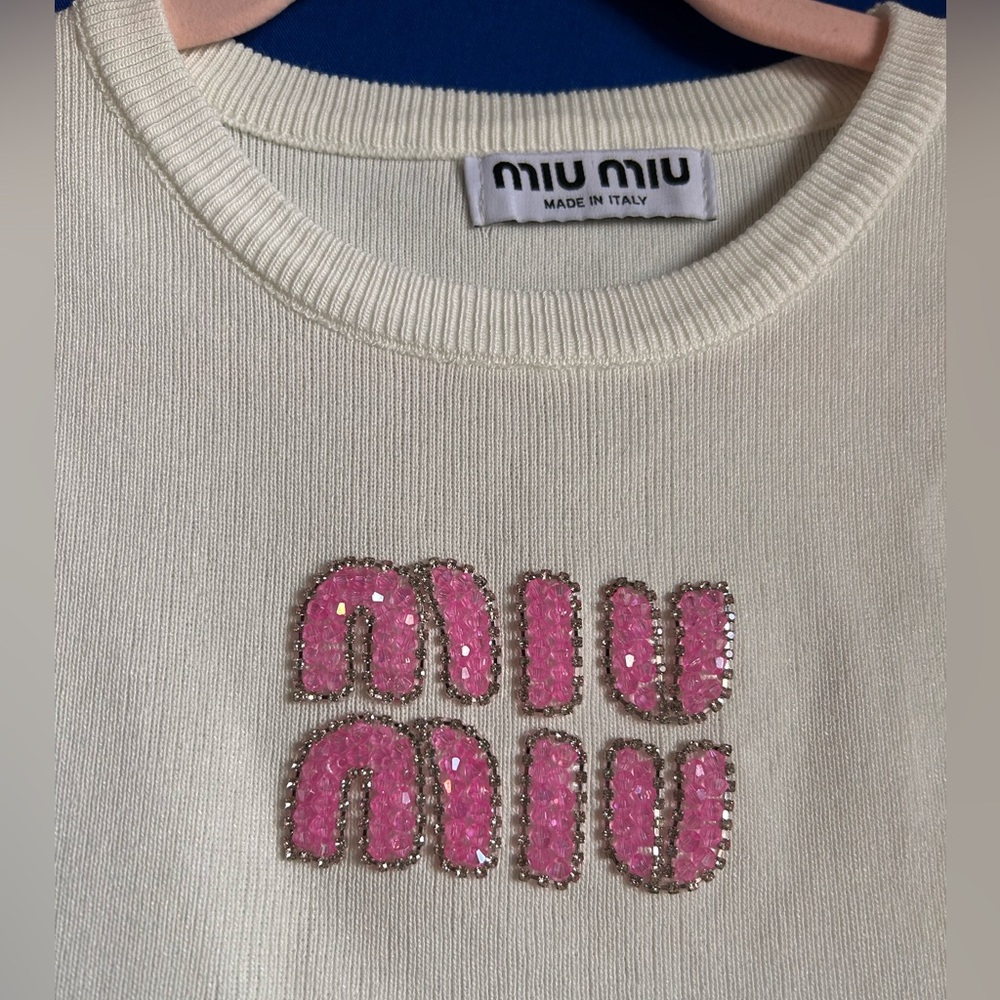 Miu Miu Cream Sweater with Pink Embellishments